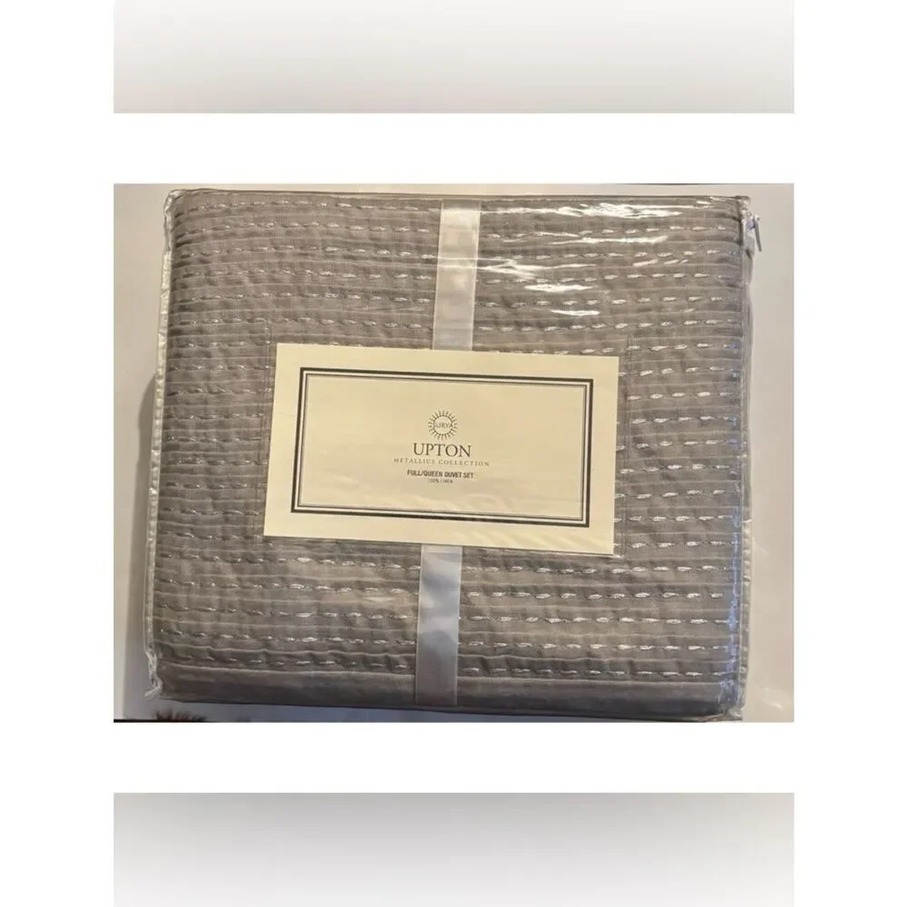 650$ New SURYA Upton Metallic Collection Linen Duvet Set Full/Queen